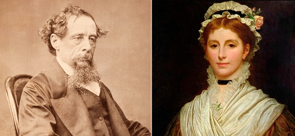 Слева — фото Чарлза Диккенса приблизительно 1860 года. Справа — портрет Кейт Перуджини, написанный ее мужем Чарлзом Эдвардом Перуджини.