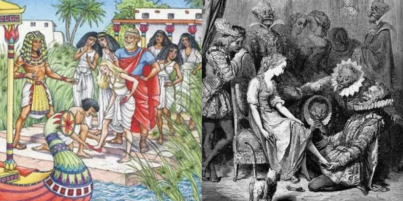 Слева: иллюстрация к египетской сказке. Справа: иллюстрация 1867 года к сказке Шарля Перро, художник Гюстав Доре.
