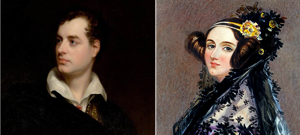 Слева — портрет Джорджа Байрона Томаса Филлипса, 1813 год. Справа — портрет Ады Лавлейс Альфреда Шалона, около 1840 года.