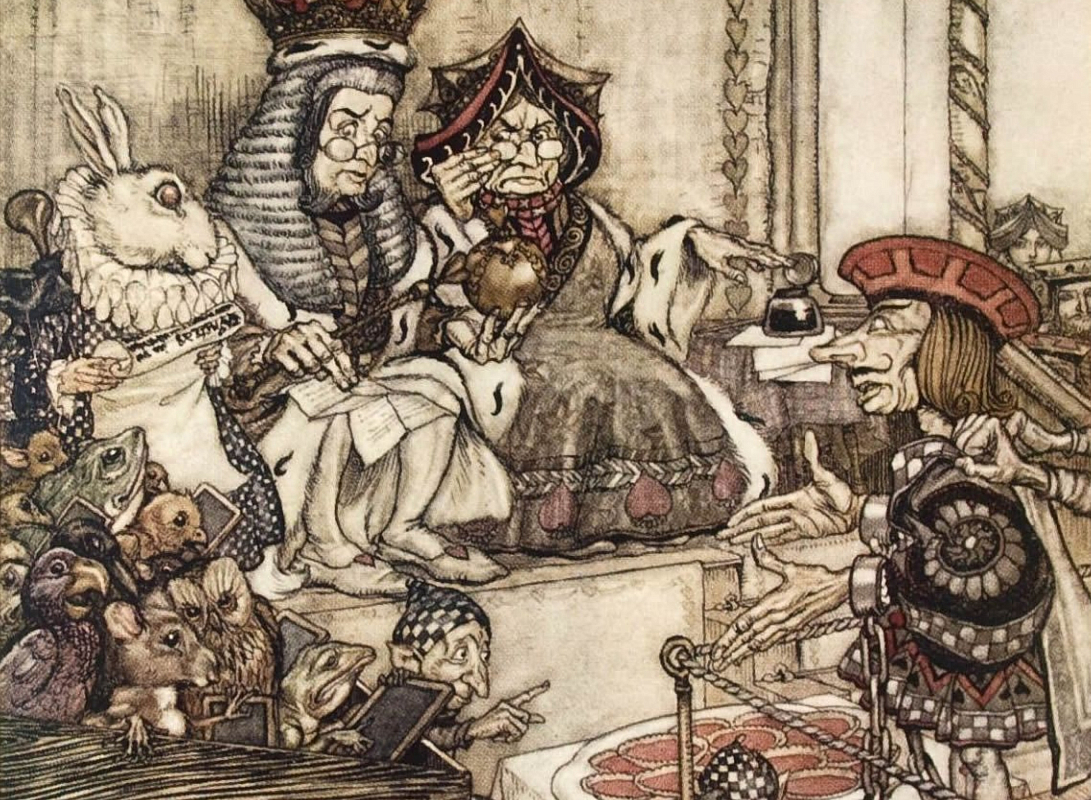 Червонный Король и Червонная Королева судят Валета. Иллюстрация Джона Тенниела